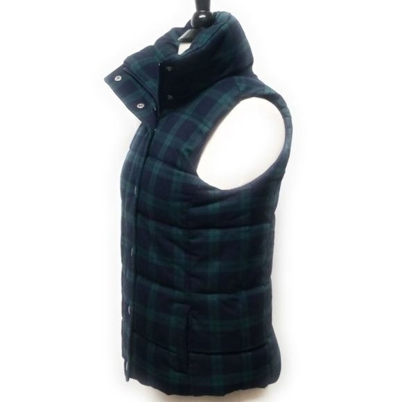 Old Navy Midnight Navy Blue & Green Tartan Plaid Thick Puffer Vest Womens Size X - Picture 5 of 8